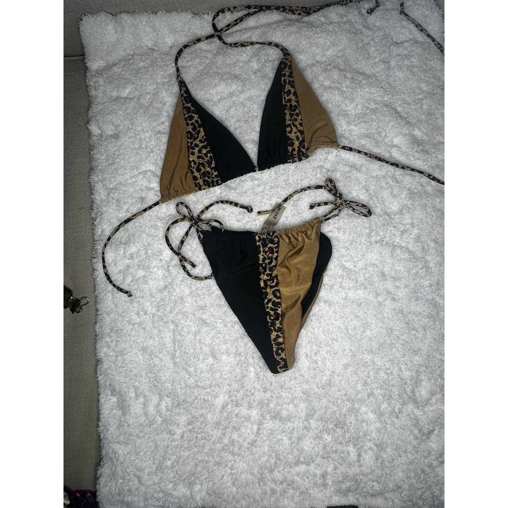 SHEIN Animal Print & Shimmer Gold Black Two Piece Bikini Set - Size L